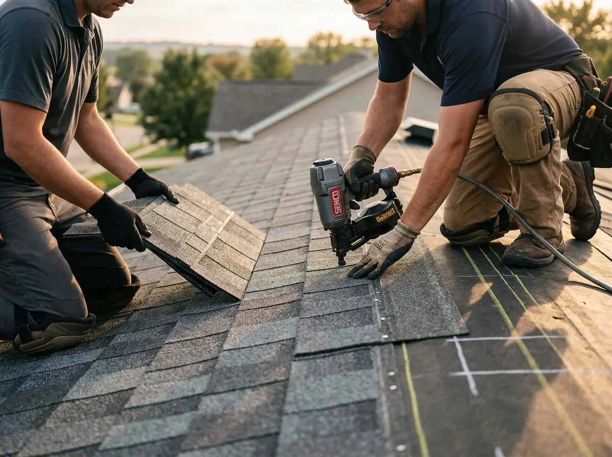 Professional roofer working on a residential roof in Pryor Creek